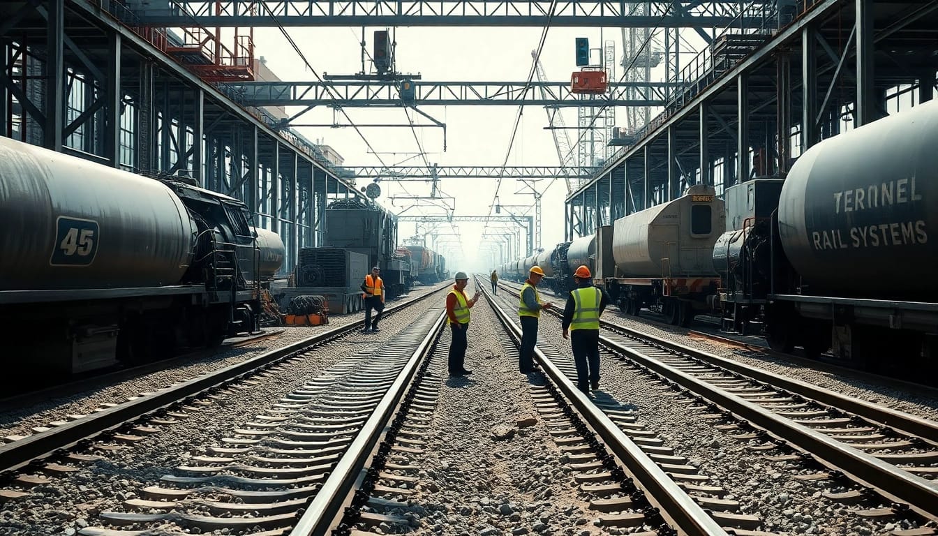 Engineers collaborating at a rail systems company construction site with machinery and train tracks.