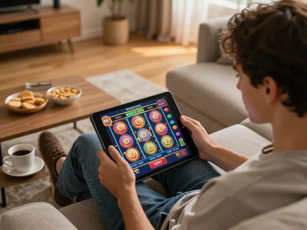 Engaging in online casino gaming at home with okwin, enjoying colorful slot machine action.
