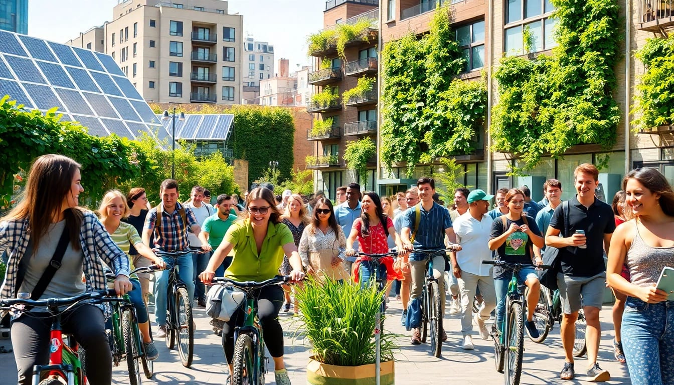Showcasing diverse people engaged in eco-friendly practices at https://www.unsustainablemagazine.com in an urban setting.