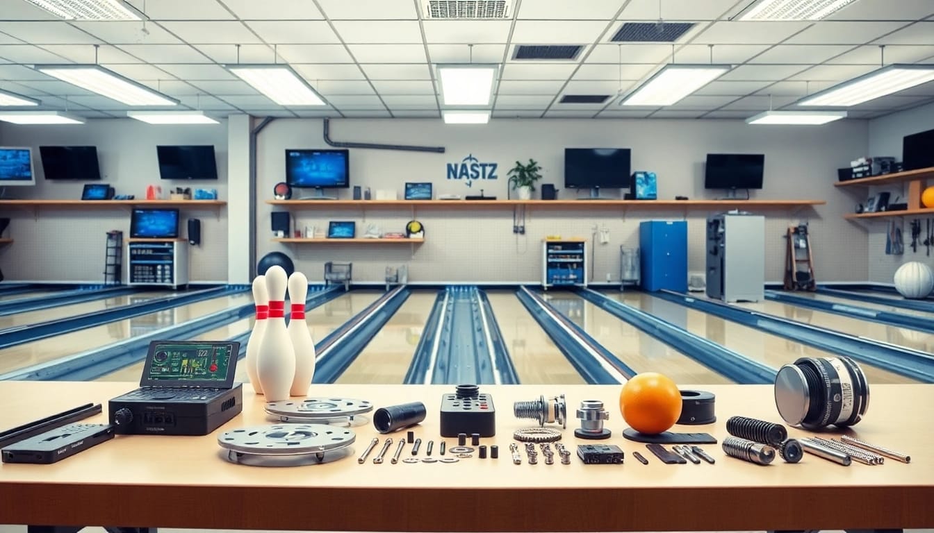Bowling parts for Brunswick showcased in a professional workshop setting.
