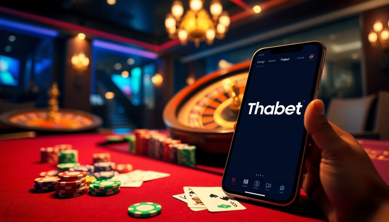 Players enjoying a winning hand at Thabet's luxurious casino table filled with poker chips and cards.