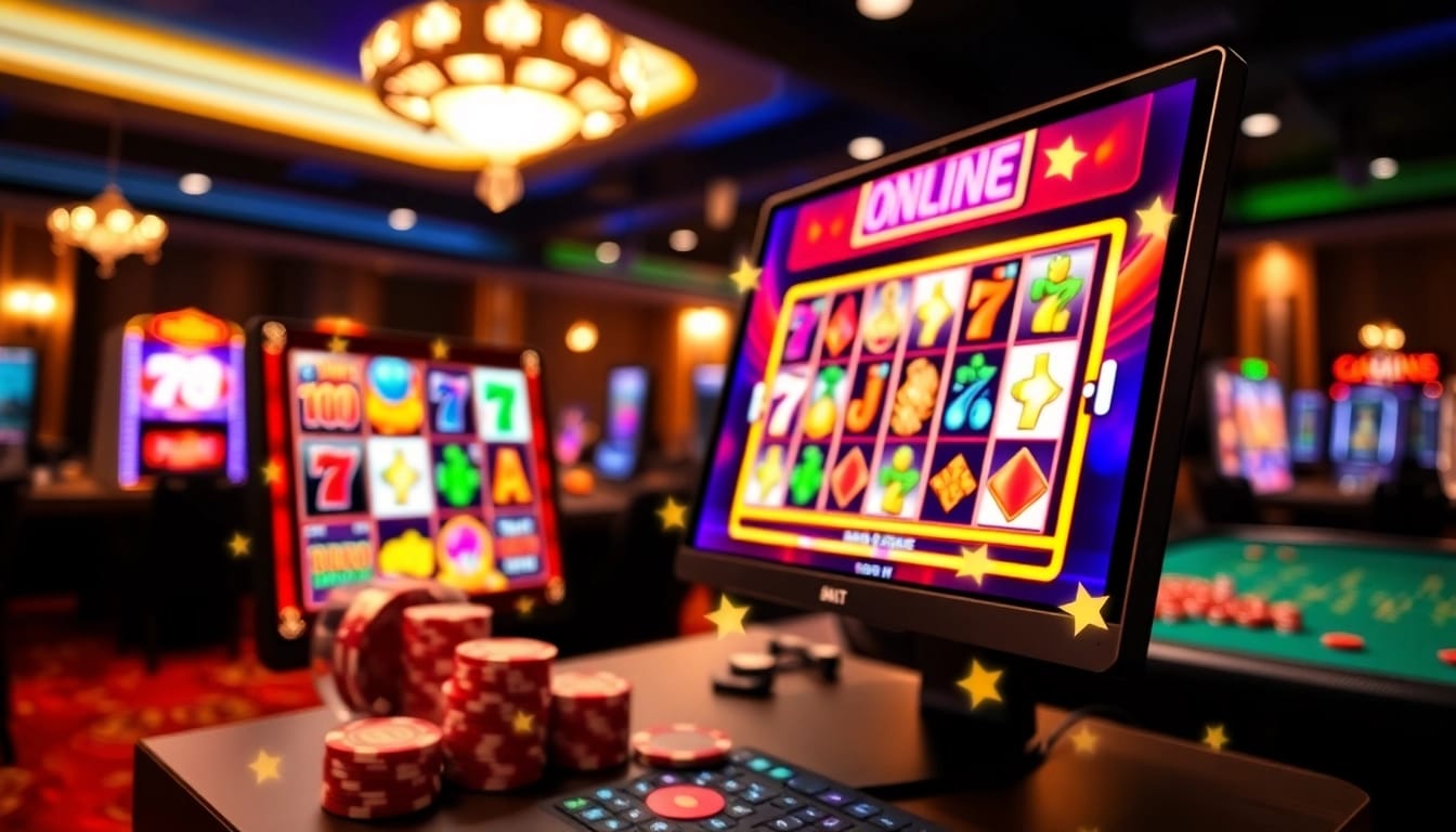 Engaging online slots UK gameplay on a vibrant casino screen displaying colorful graphics and chips.