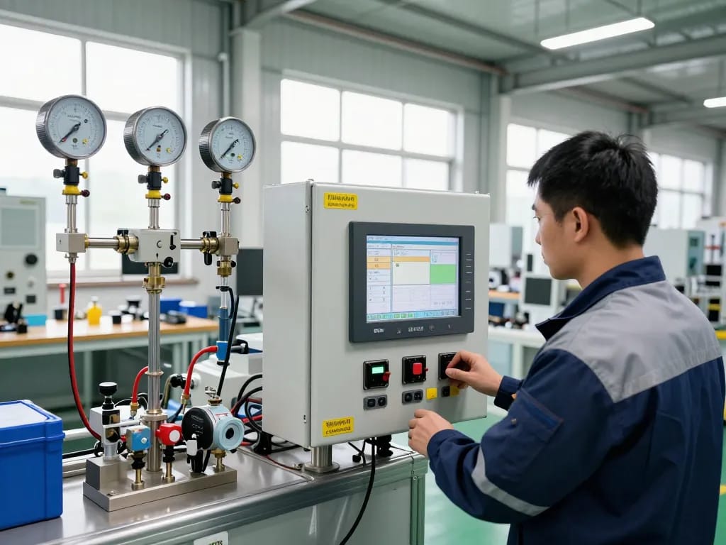 Technician operating Endress hauser equipment in industrial automation setting.