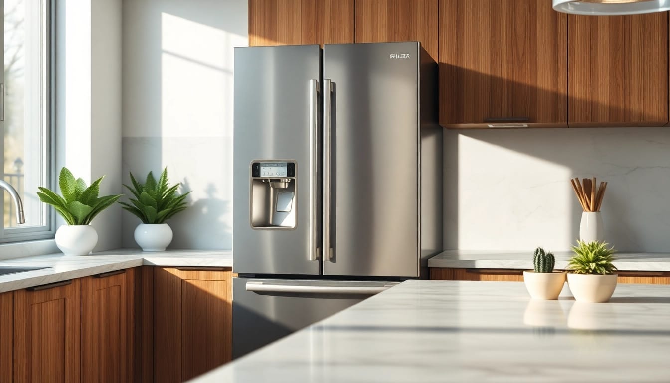 The modern Refrigerator showcases sleek design in a stylish kitchen with natural lighting and warm tones.
