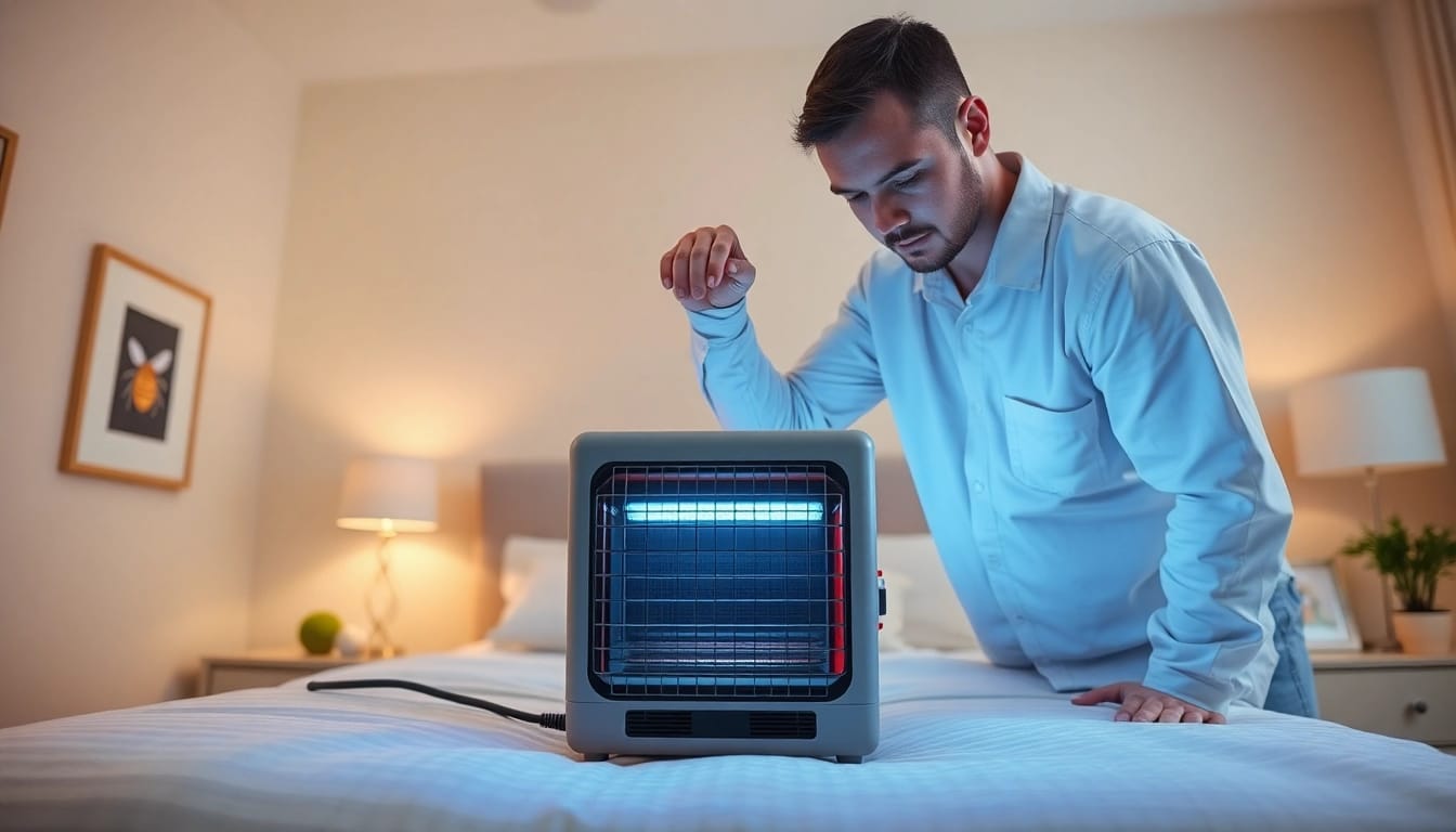 Technician performing bed bug heat treatment in a cozy modern bedroom setting.