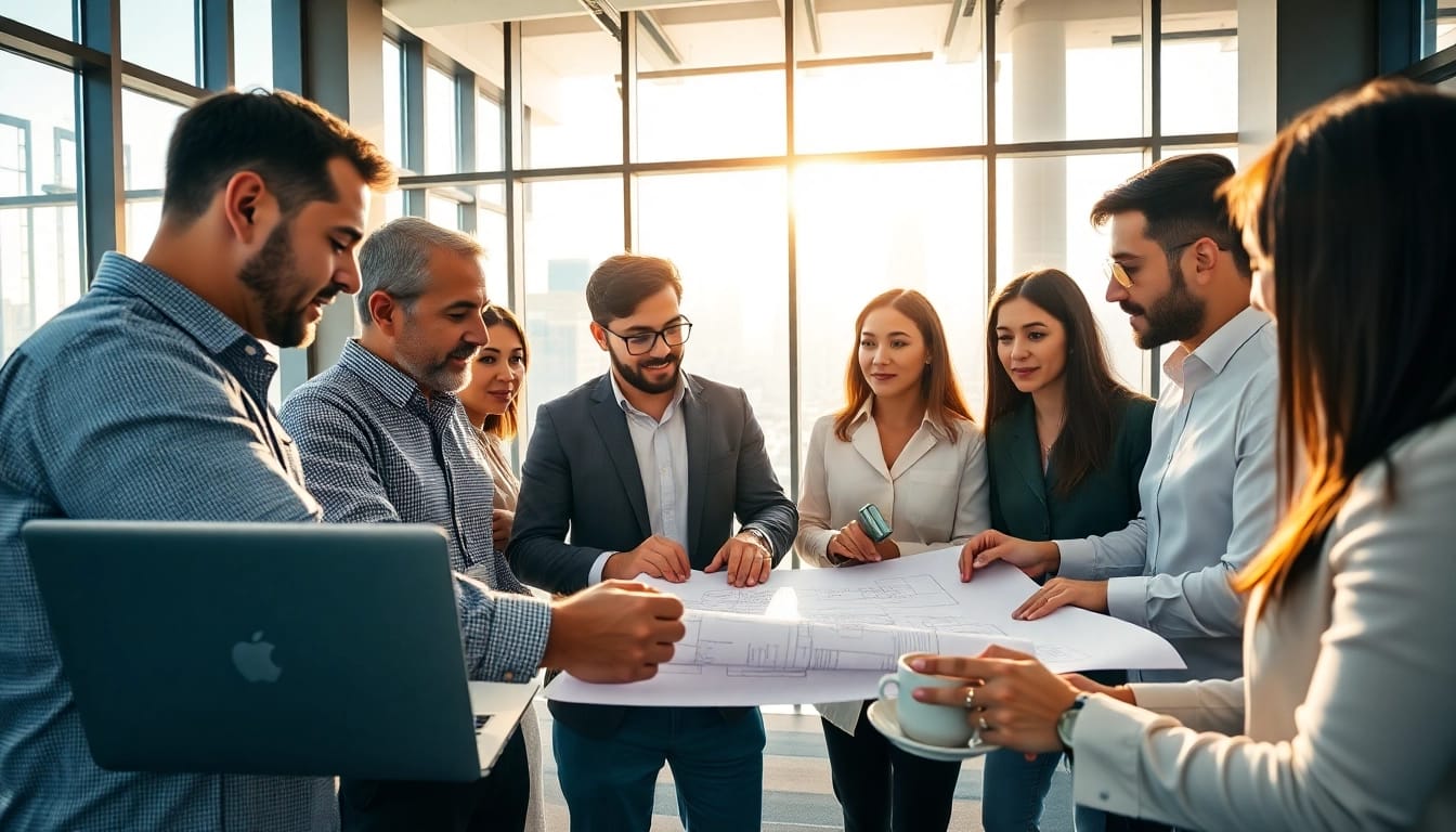Engaging construction advocacy discussion among professionals in a modern office.