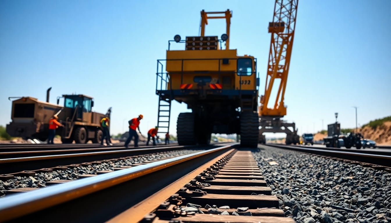 Workers engaged in railroad construction, showcasing precision and teamwork in a bustling worksite.