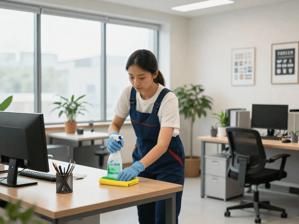 Unterhaltsreinigung Dortmund - Professionelle Reinigungskraft bei der Arbeit in einem modernen Büro für ein sauberes Arbeitsumfeld.