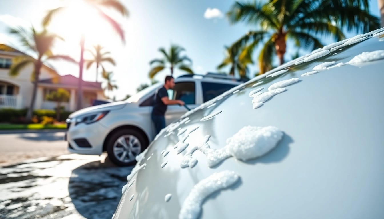 Experience mobile detailing Boca Raton with a top-notch service vehicle cleaning a car in a sunny neighborhood.