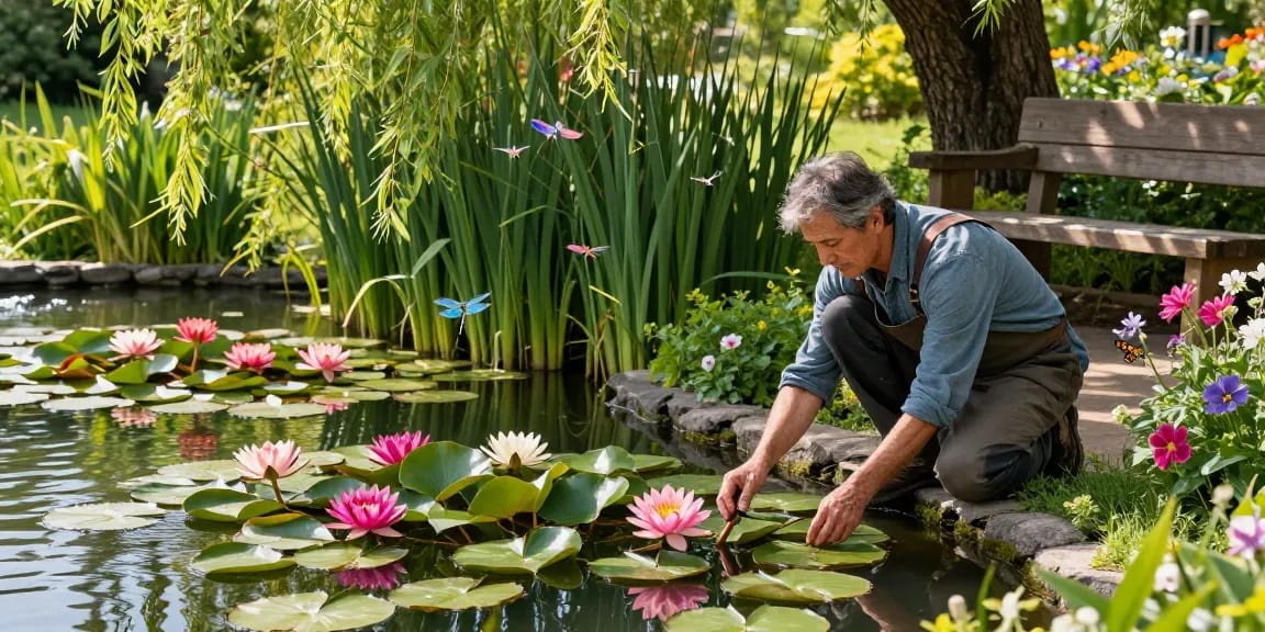 Buy Water Lilies in a serene garden with vibrant blooms and a caring gardener.