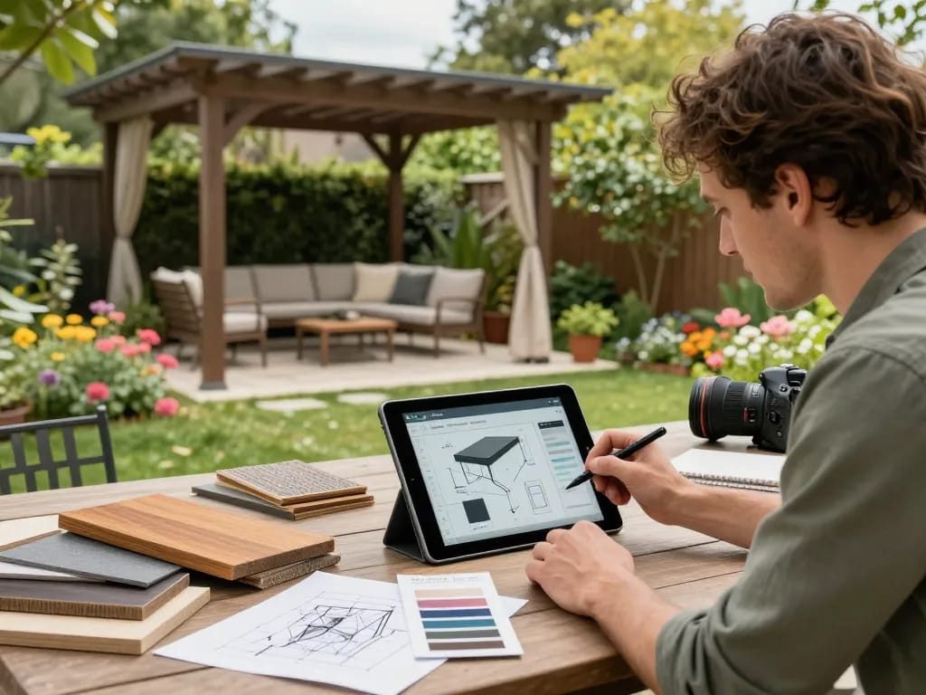 Custom pergola configurator in use by a designer showcasing materials and designs in a serene outdoor space.