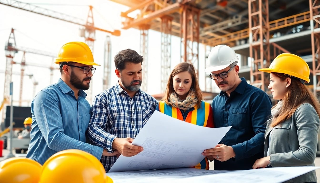 Engineers collaborating at a construction site, representing the construction network association.