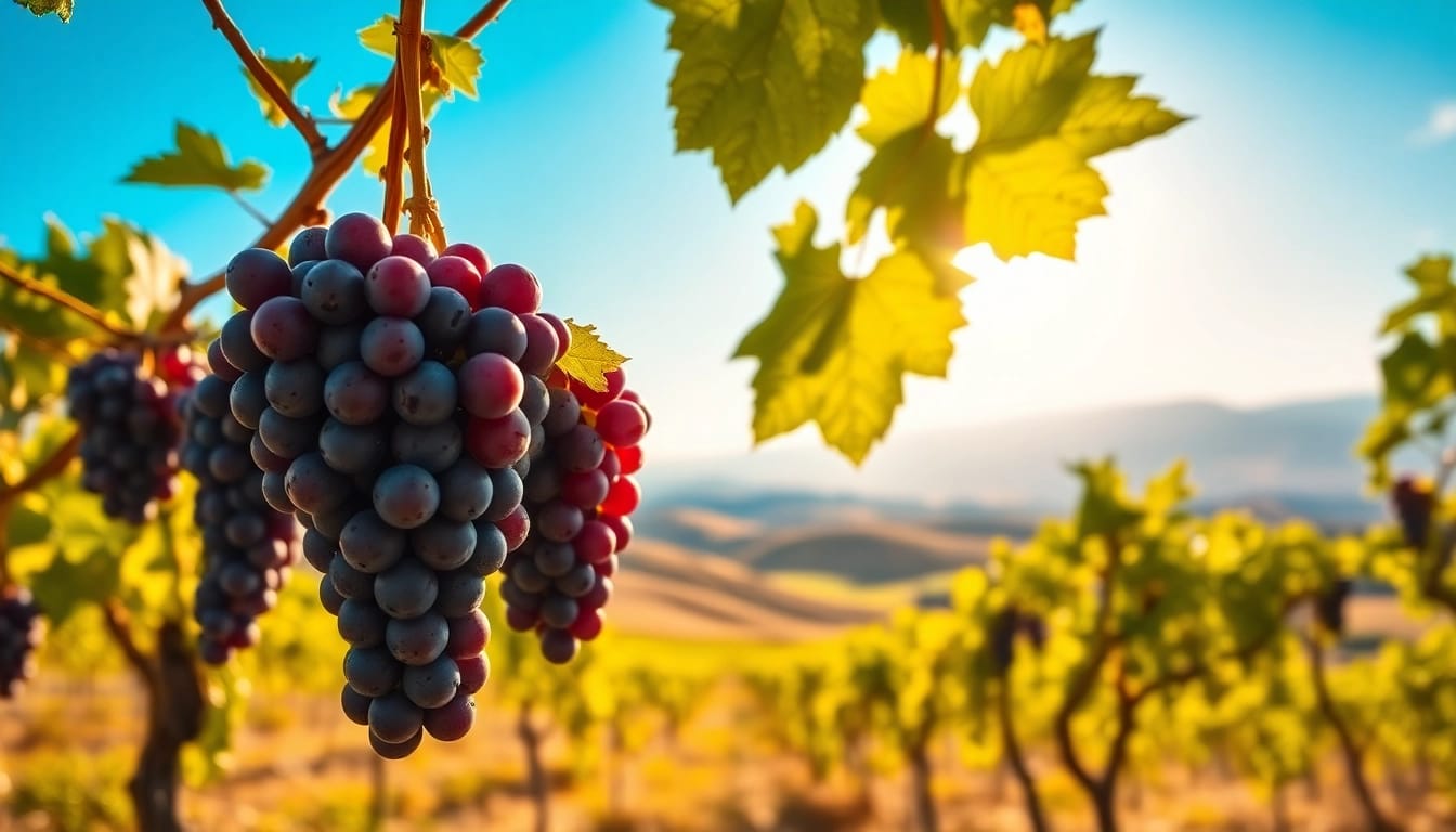 Showcase of ripe petite sirah grapes in a lush vineyard, highlighting their rich color and texture.