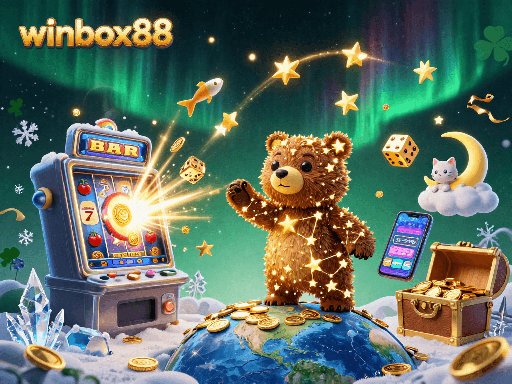 Winbox88 brings excitement with a colorful scene featuring slots and playful characters.