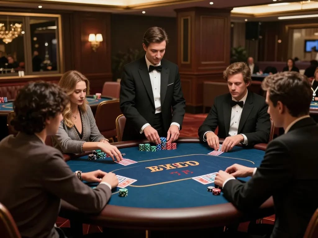 vipwin players engaged in a high-stakes poker game in an upscale casino setting