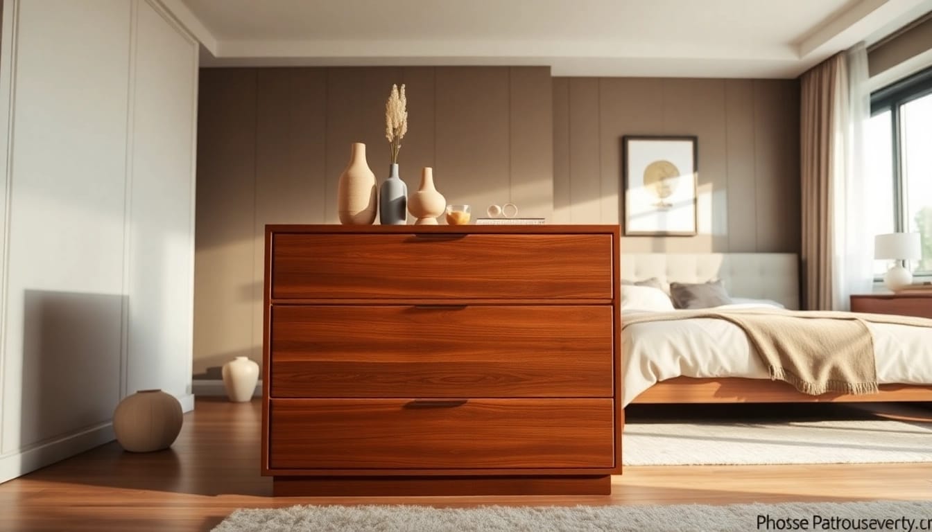 Stylish chest of drawers enhancing a modern bedroom interior with decorative accents.