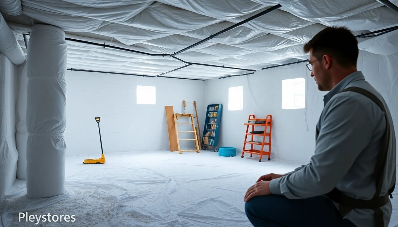 Crawl Space Restoration showcasing a clean and organized space with expert technician inspecting.