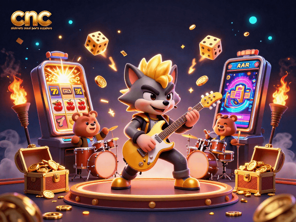 CNC stainless steel parts suppliers showcase thrilling casino action with a rock star wolf and drummer bear.