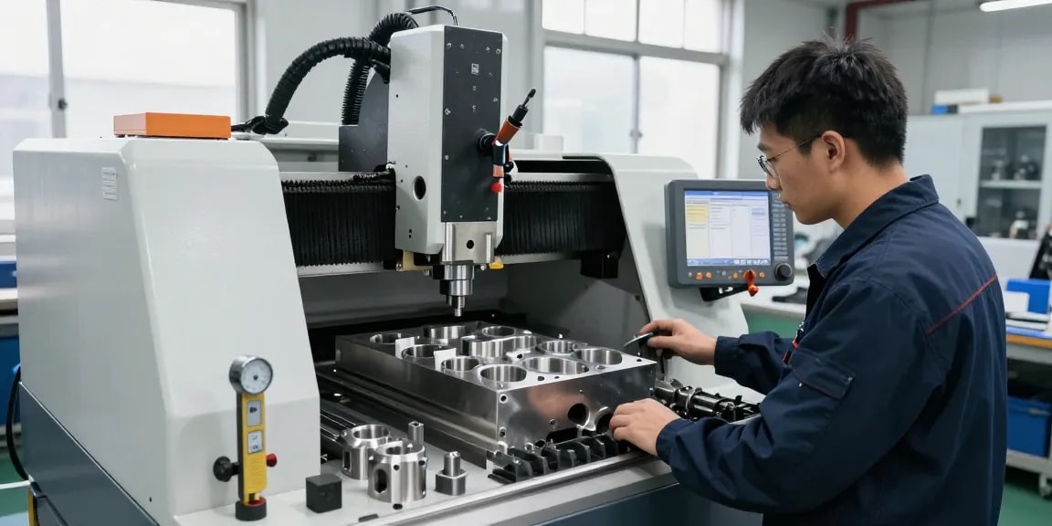 CNC stainless steel parts suppliers in a modern workshop with a technician operating precise machinery, showcasing craftsmanship and expertise.