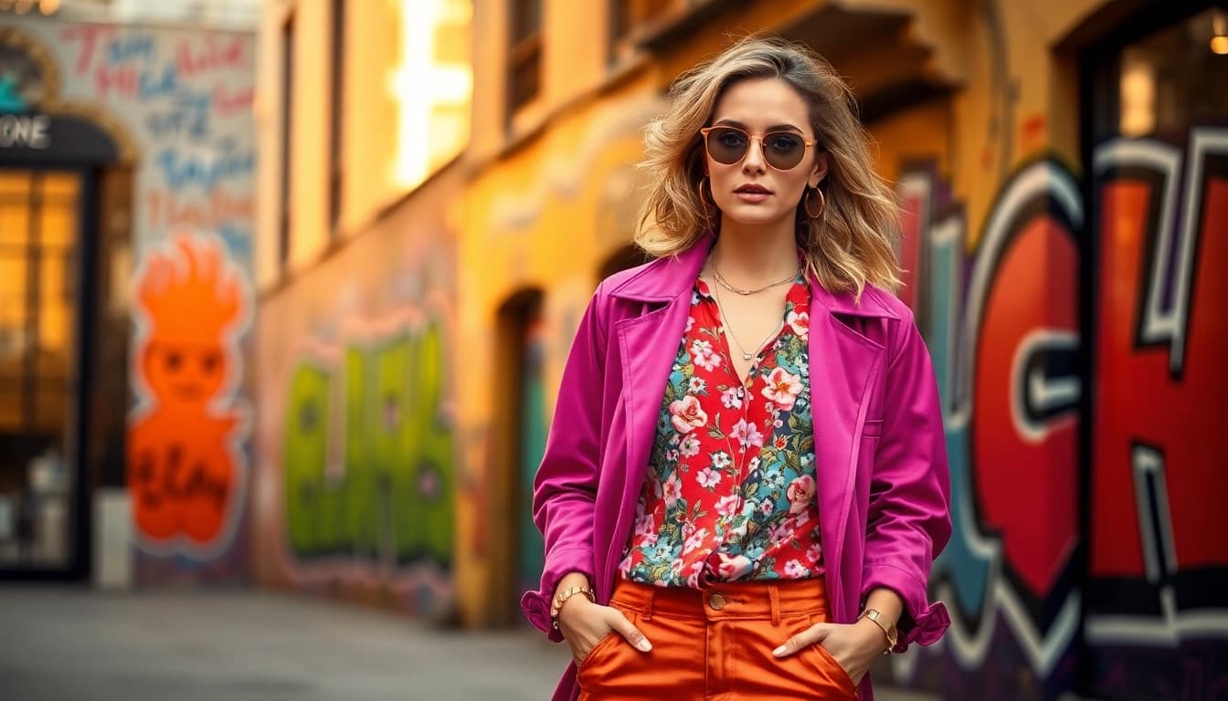 Fashion model showcasing vibrant seasonal attire against an urban backdrop.