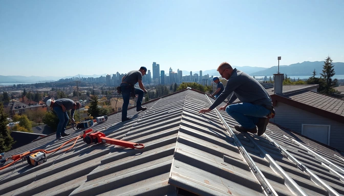 Installation of metal roofing vancouver showcasing skilled workers on a residential roof.