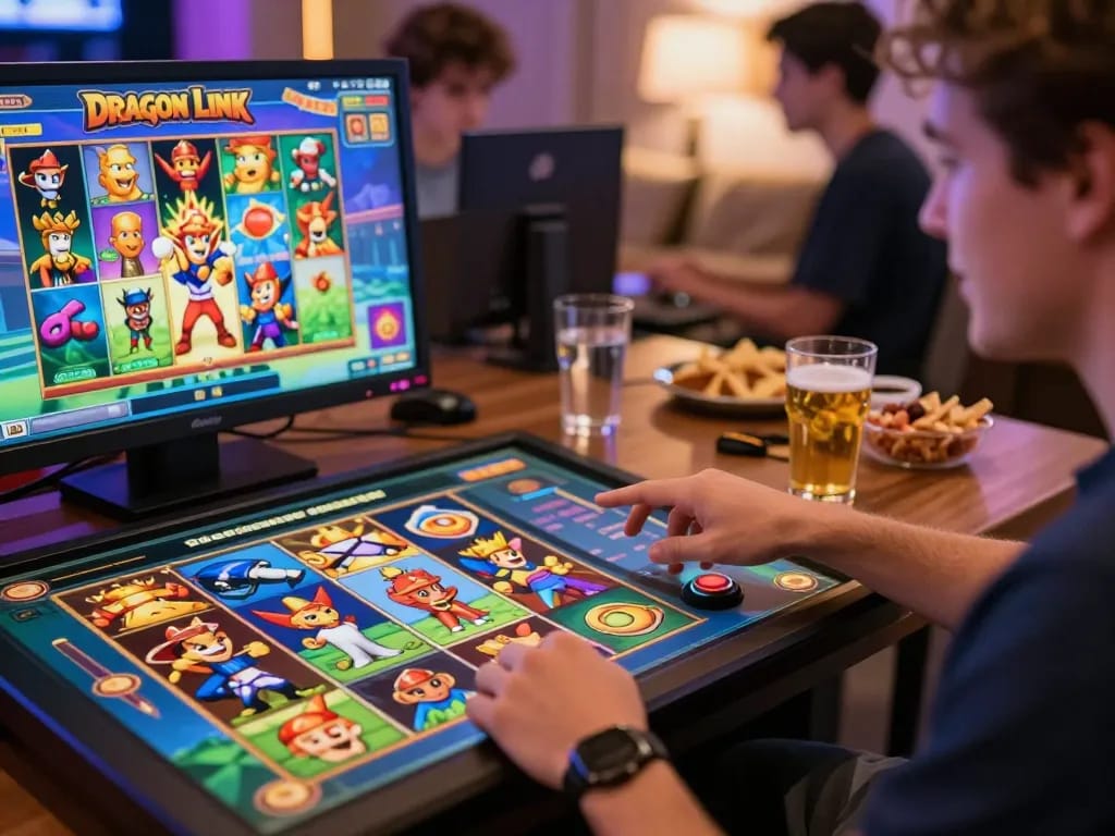 Pemain menikmati slot Dragon Link dalam sesi permainan online yang menarik, fokus pada mekanik link slot dan permainan yang penuh warna.