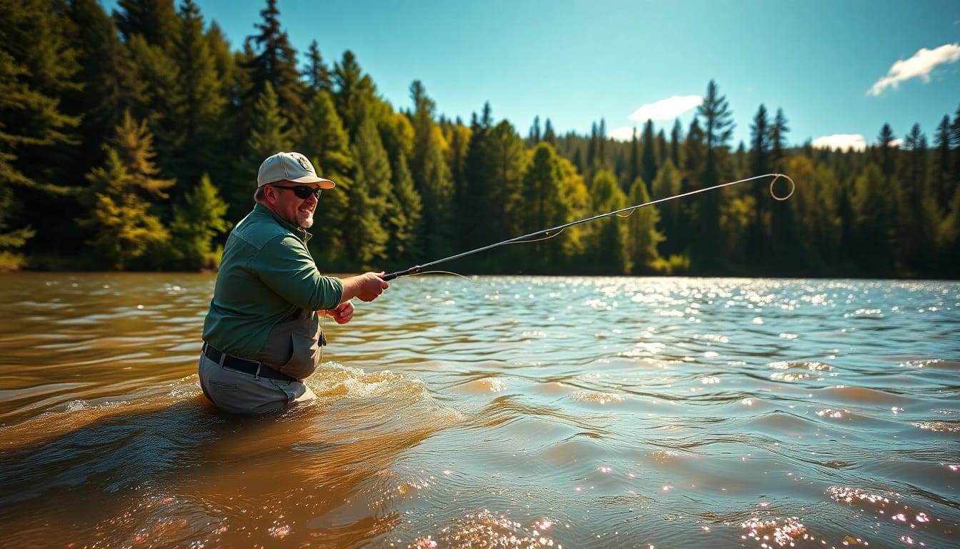 Catch the thrill of fly fishing apparel worn by an angler casting a line in beautiful waters.