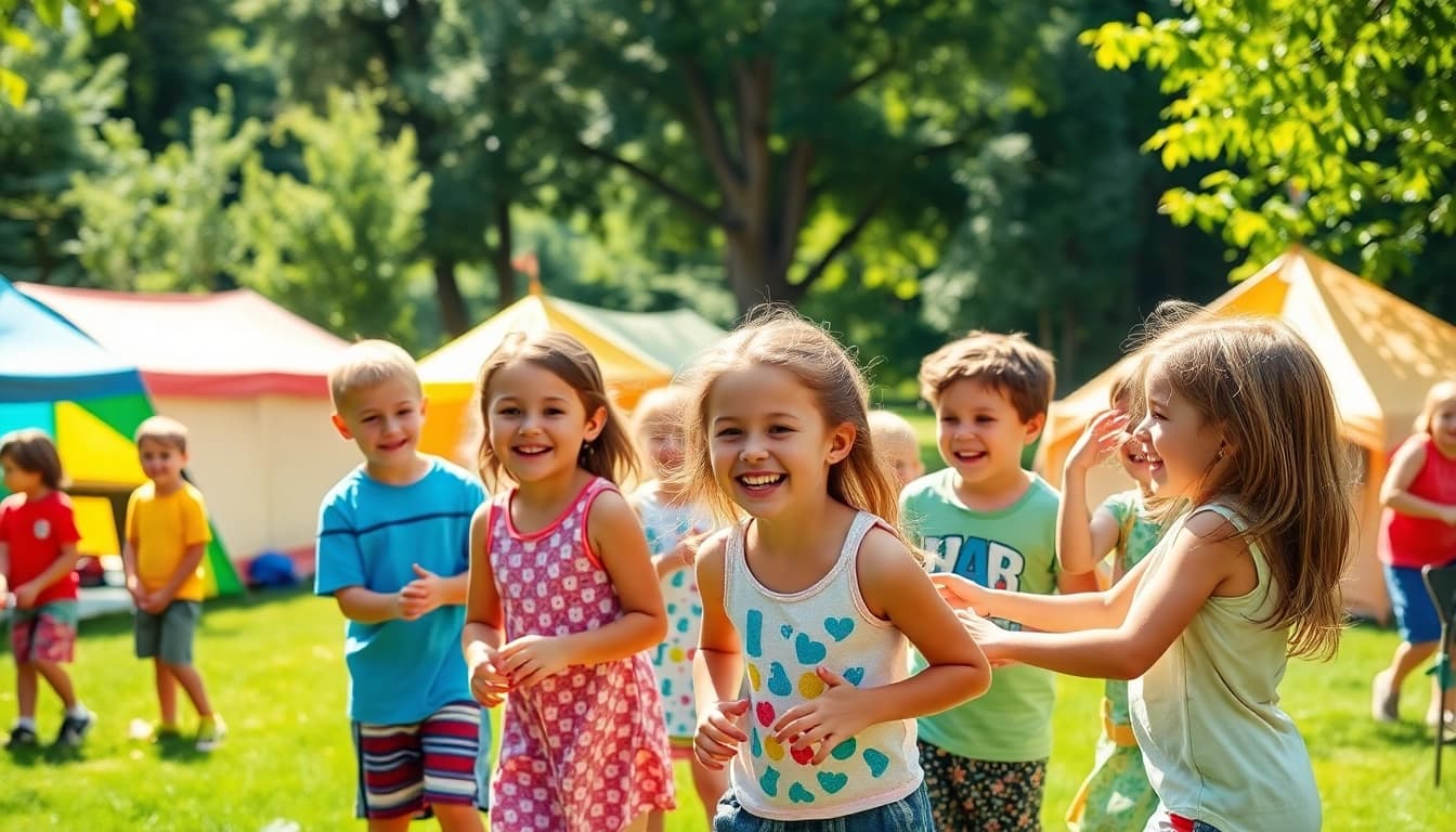 Kids participating in engaging activities at illinois summer camps under a bright sunny sky.