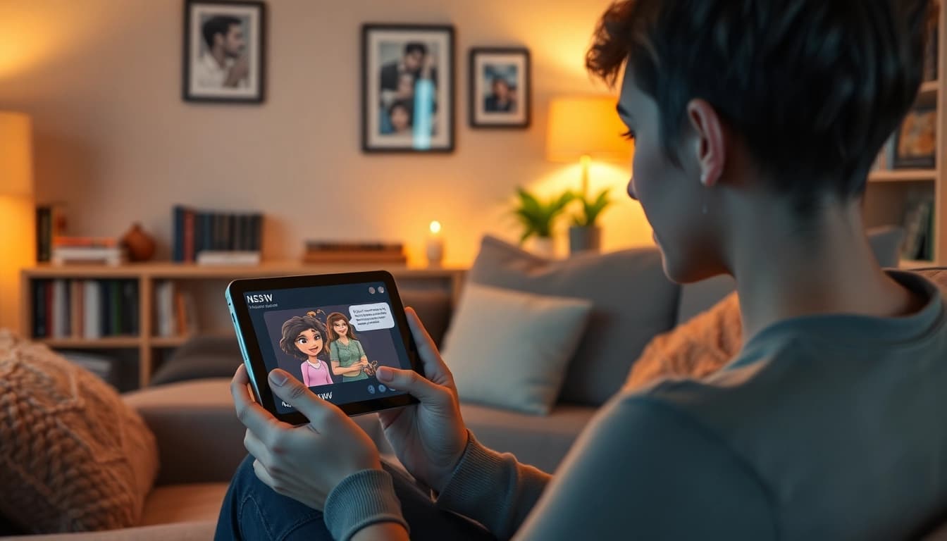 Engaging nsfw ai chat in a comfortable living room setting, showcasing a friendly AI character.