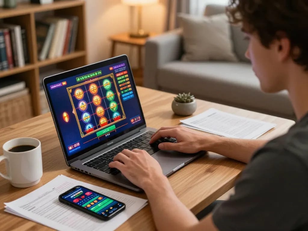 Player engaged in online gaming with hakobhakobyanart art on display, immersed in winning strategies.