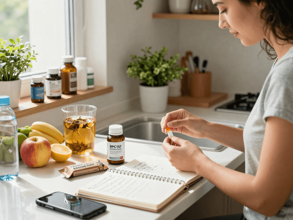 BPC 157 Benefits showcased in a vibrant kitchen with health enthusiast preparing buccal strips and fresh ingredients.