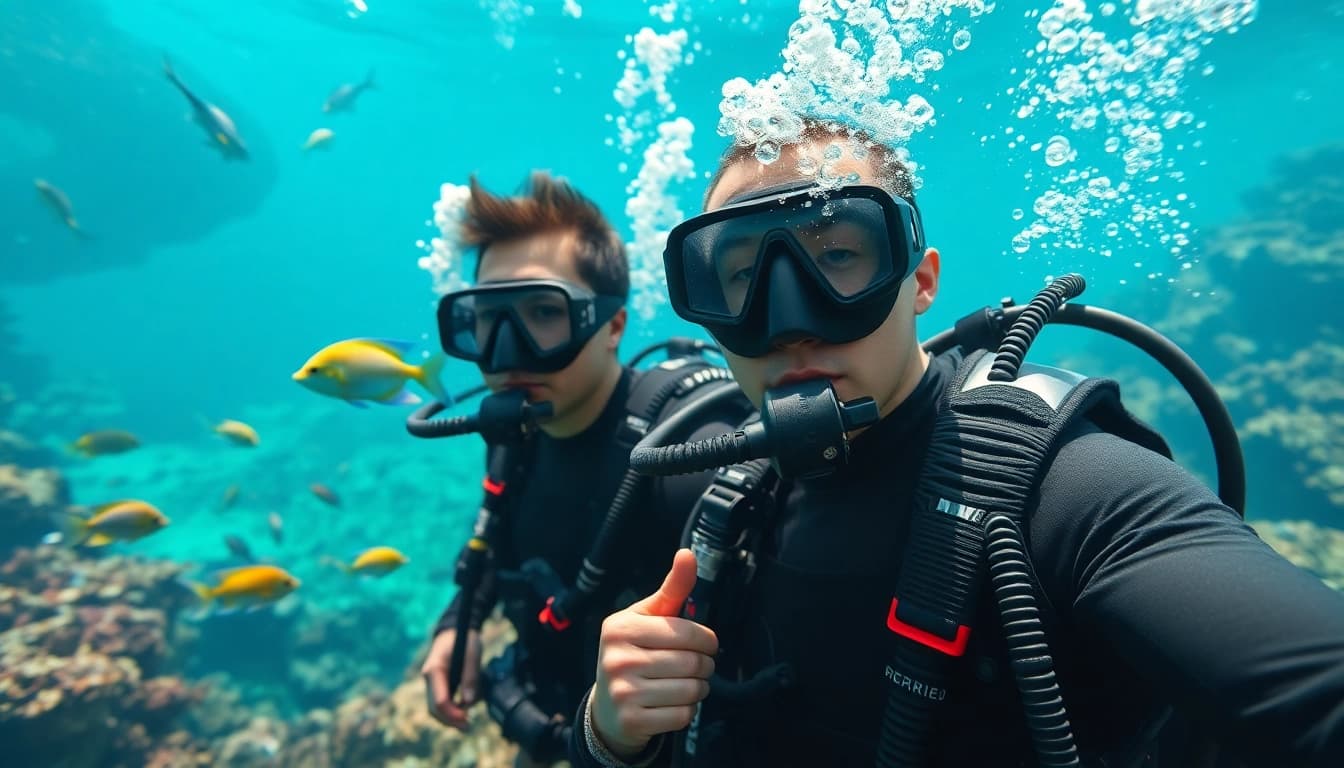 Tauchschule mit Taucher, bunten Fischen und Korallenriff unter Wasser.