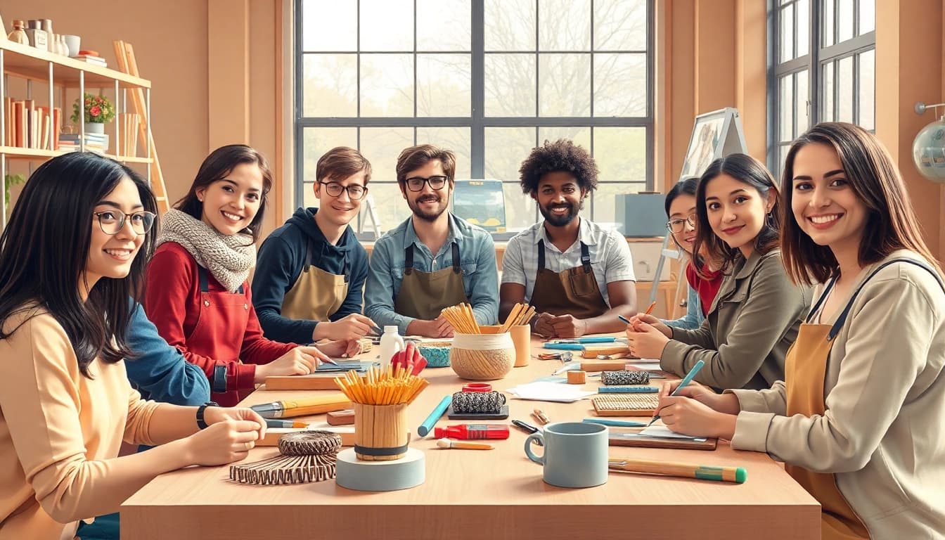 Young adults collaborating in a craft trainee program, showcasing creativity and teamwork.