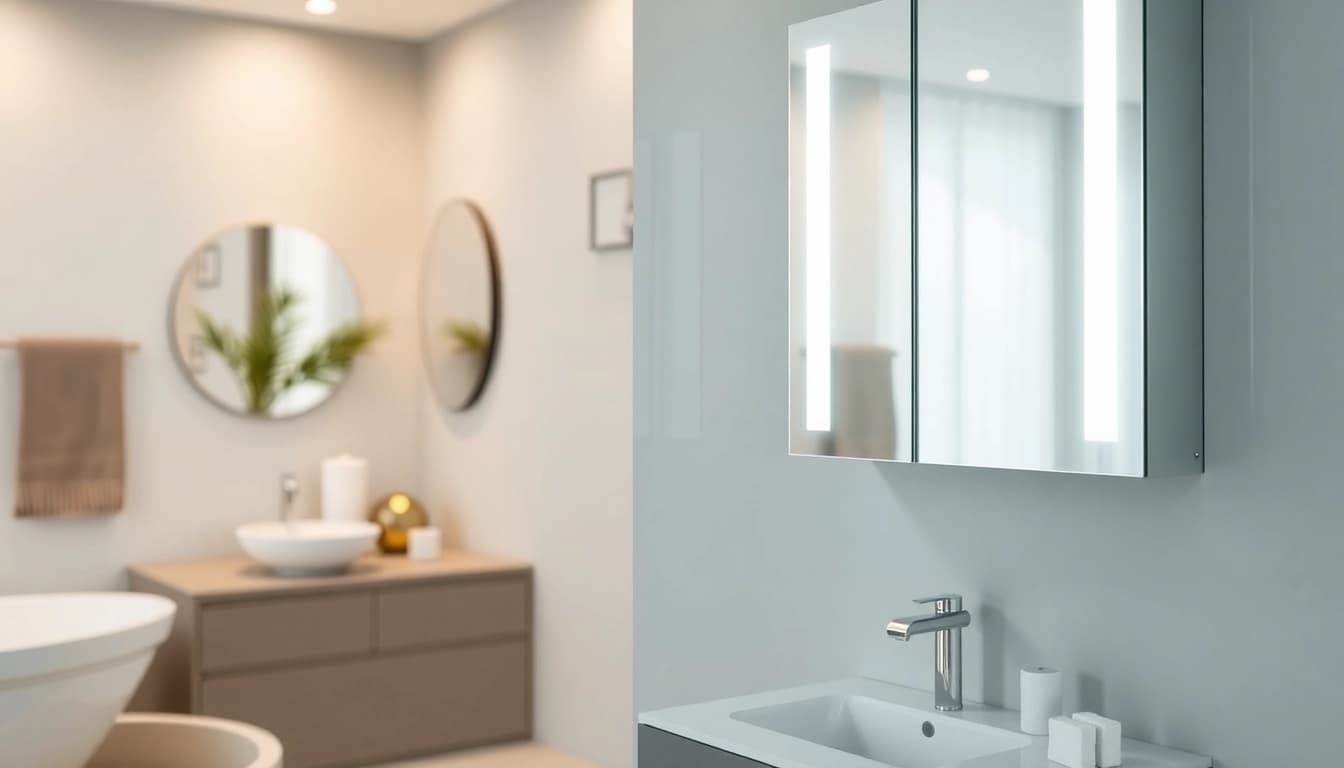 Verschönern Sie Ihr Badezimmer mit einem spiegelschrank mit led Beleuchtung, modernem Design und eleganten Details.