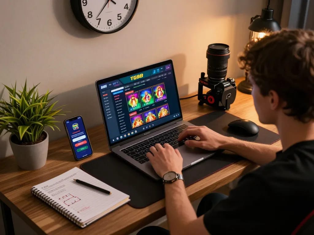 TG88 online gaming session featuring a laptop and smartphone in a cozy room, emphasizing strategic gameplay.