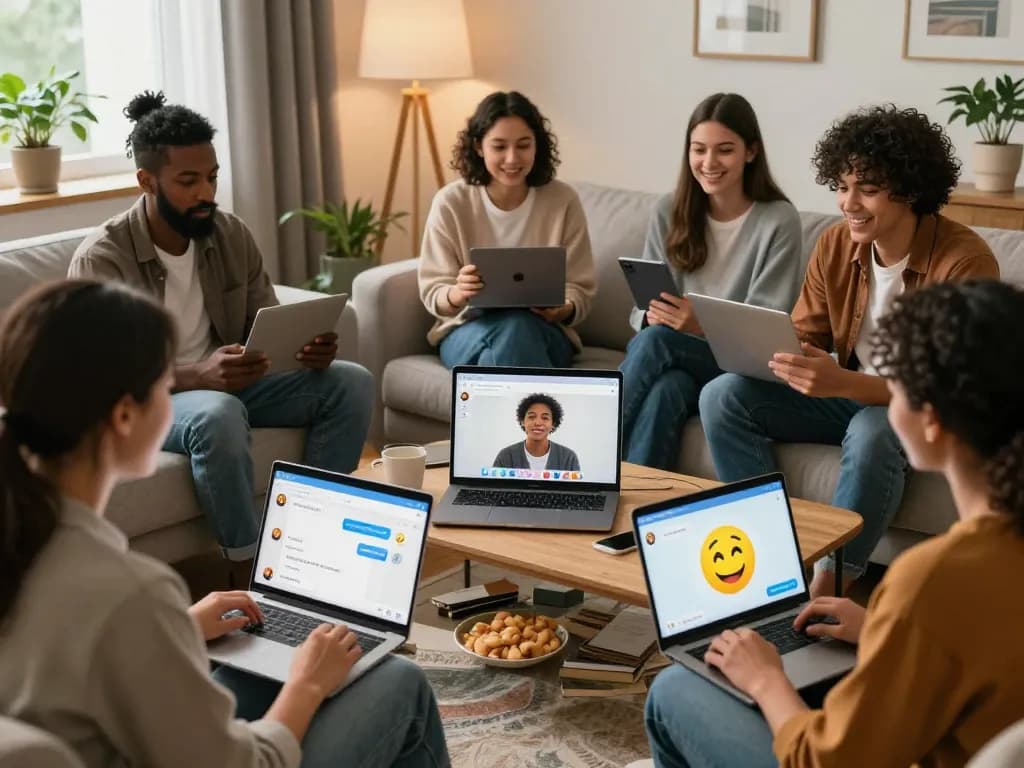 Diverse friends engaging in lively discussions about sex chat AI on their devices in a cozy living room, showcasing technology's role in social connection.