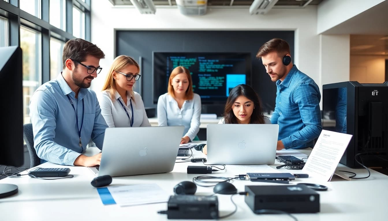 Providing expert computer help to clients in a modern office setting with technicians collaborating.
