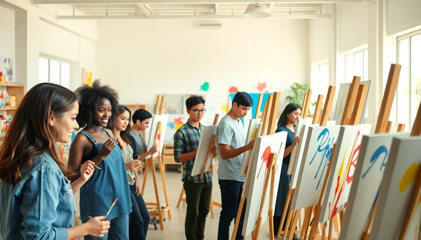 Apprentices in a painting apprenticeship actively learning and creating art in a vibrant workshop environment.