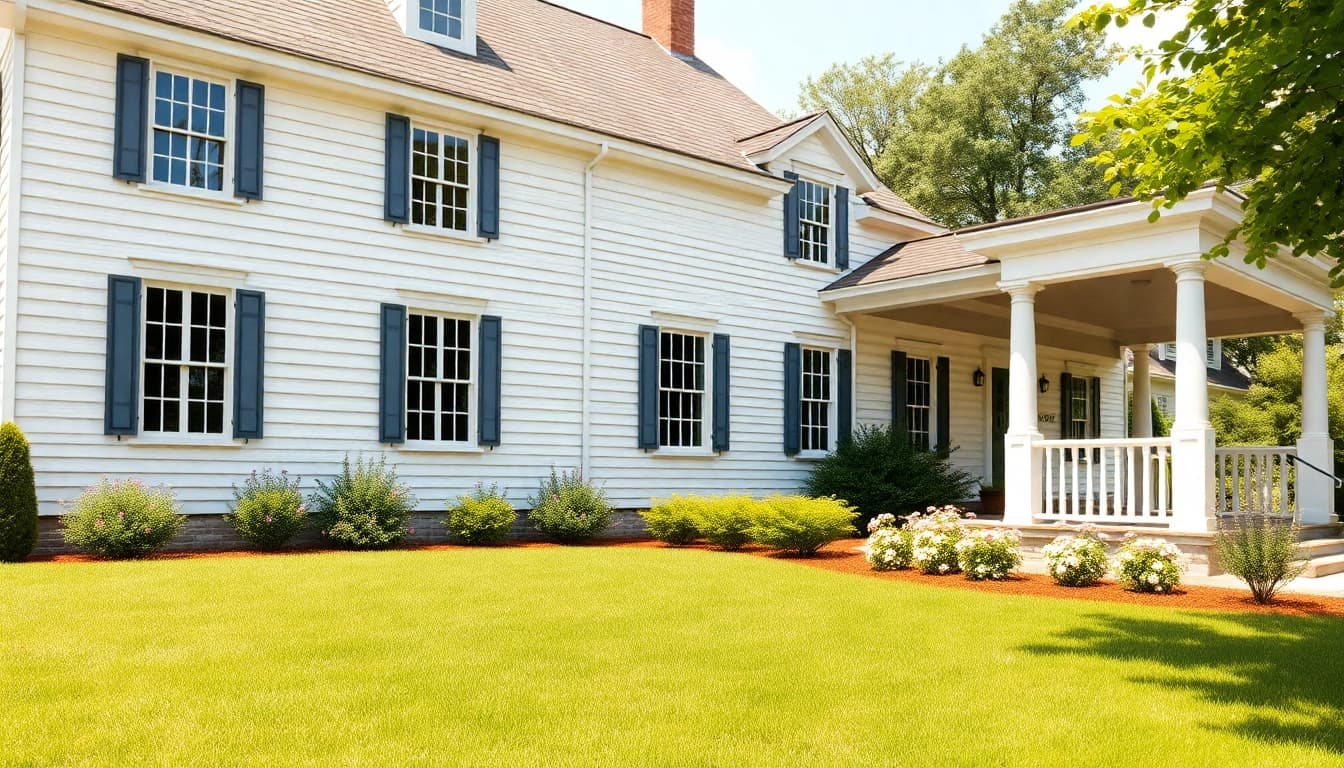 Stunning colonial home build featuring white clapboard siding and a classic porch.