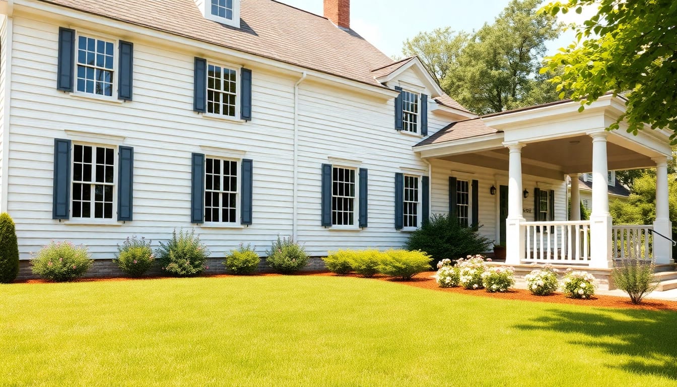 Stunning colonial home build featuring white clapboard siding and a classic porch.