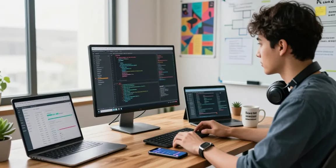 Developer collaborating in a modern workspace, focusing on 纸飞机下载 and project management tools in a bright environment.