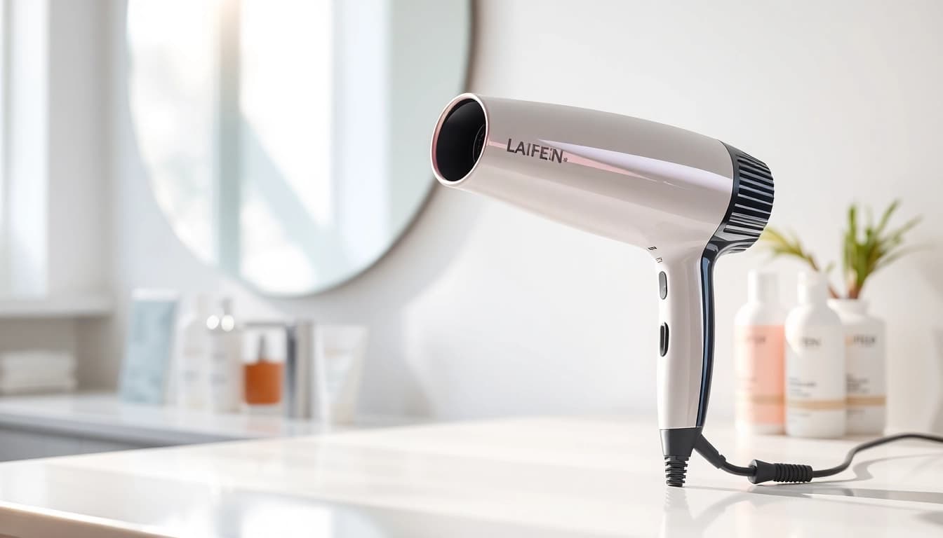 Effortlessly styling with the laifen swift special hair dryer in a modern bathroom setting.