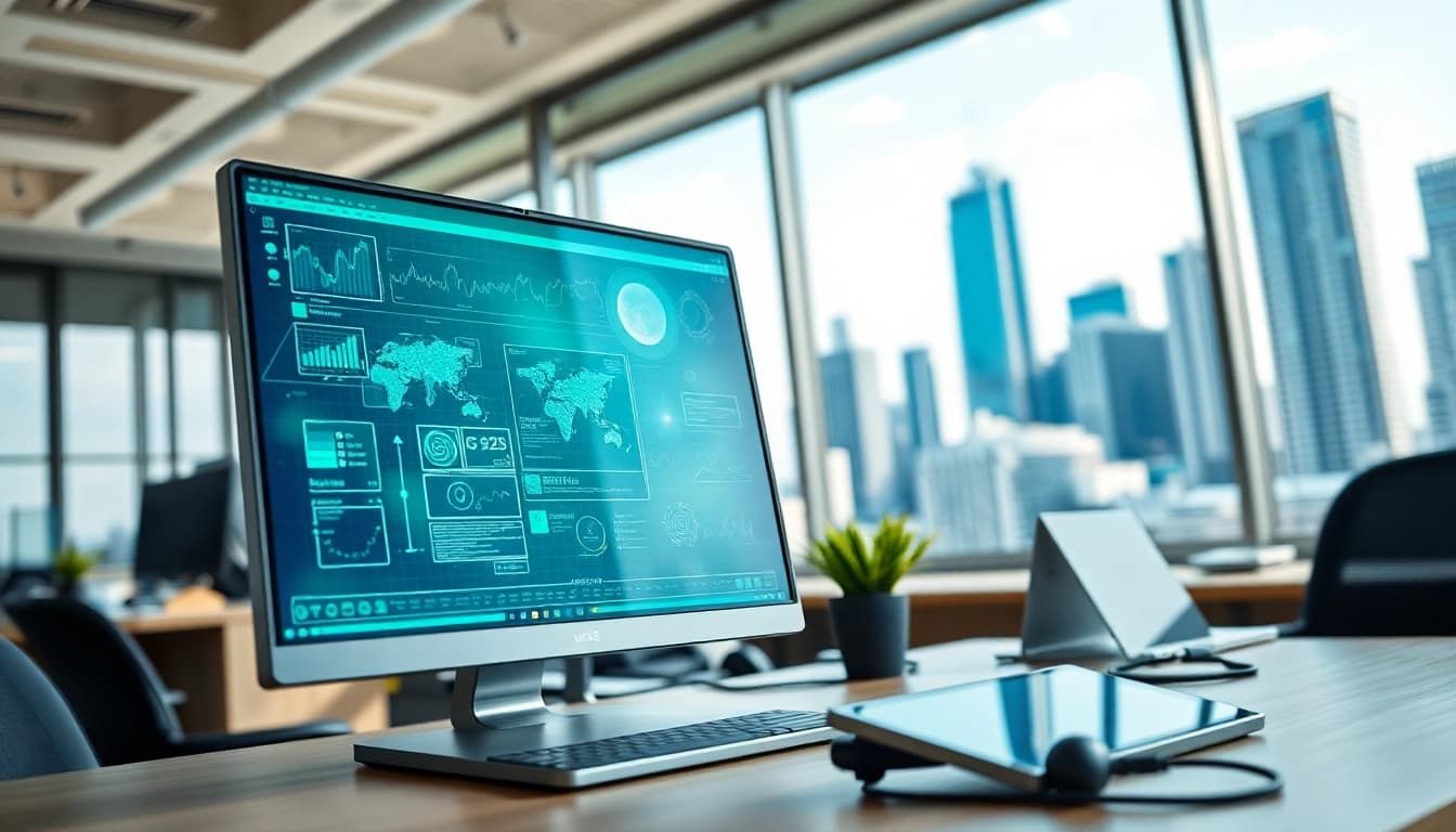 Engaging workspace illustrating Technology with modern devices and an urban skyline backdrop.
