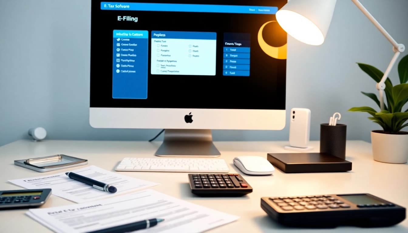 E-filing software on a computer screen in a professional tax workspace.