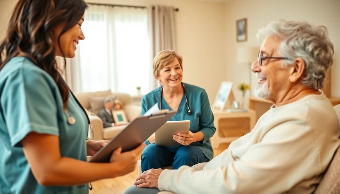 Experience at home health care services near me with a caregiver and a patient in a cozy living room.