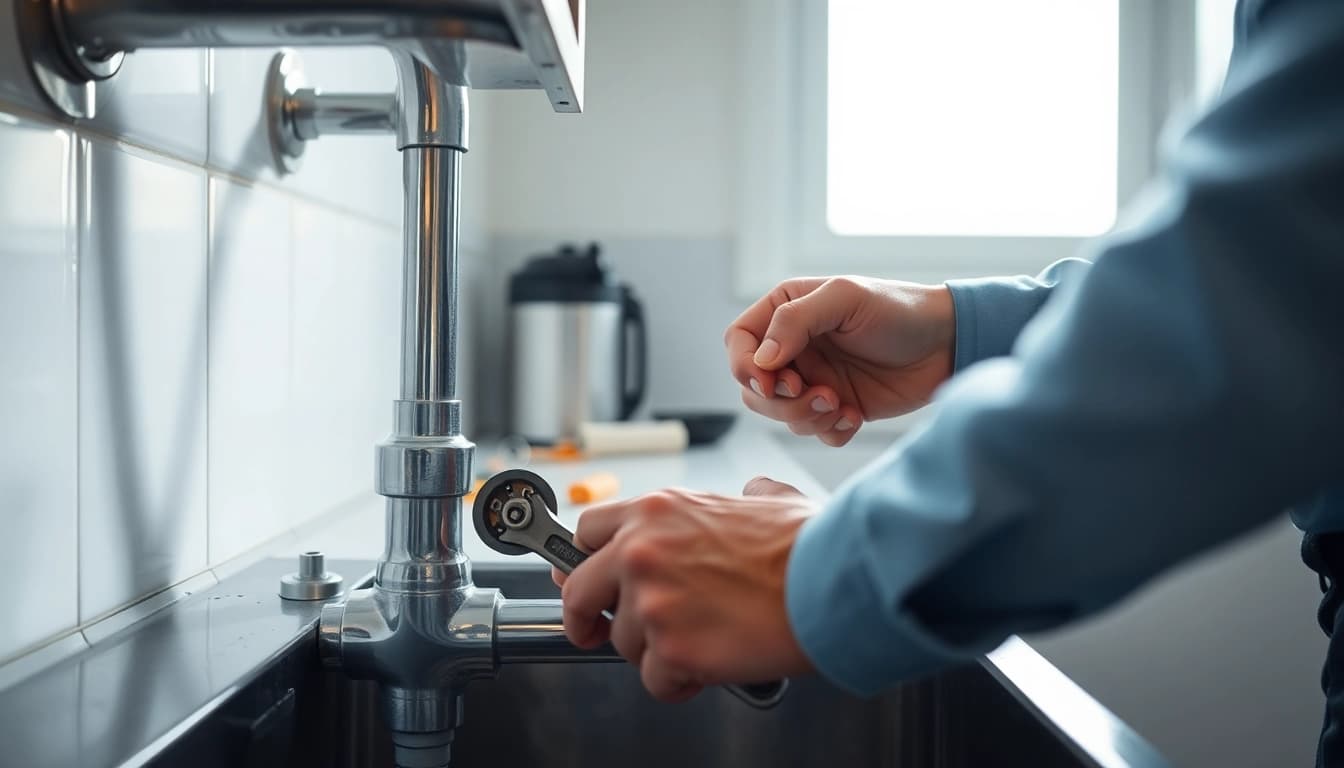 Plumber near me fixing a sink with specialized tools in a bright, modern kitchen.
