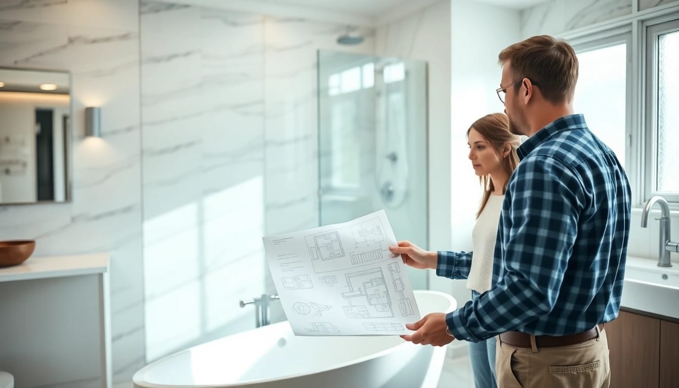 Professional consultation with bathroom contractors near me in a beautifully renovated bathroom.