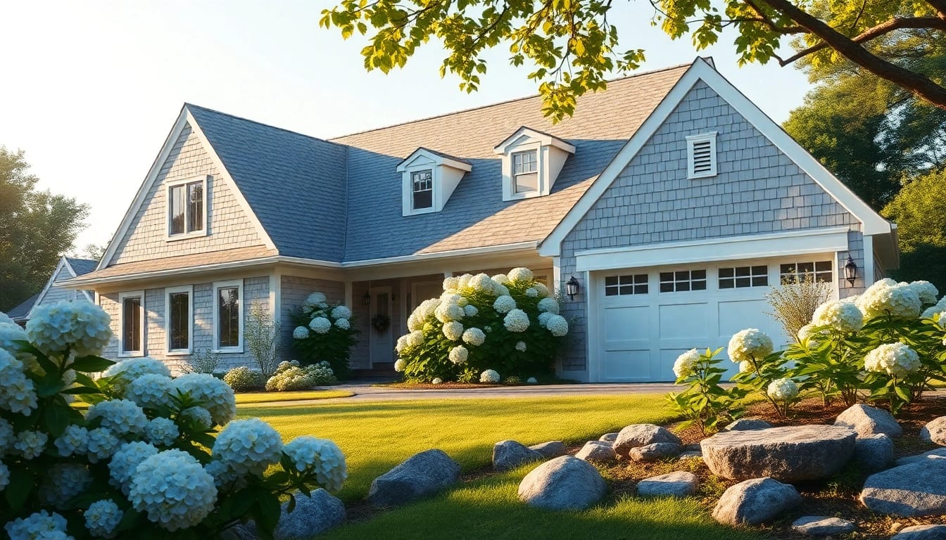 Beautiful cape cod home with an attached garage surrounded by vibrant hydrangeas.