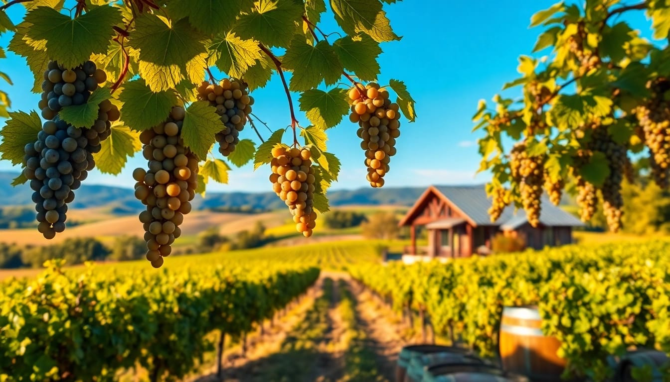 Visit clarksburg wineries amid a vibrant vineyard landscape featuring lush grapes and inviting warmth.