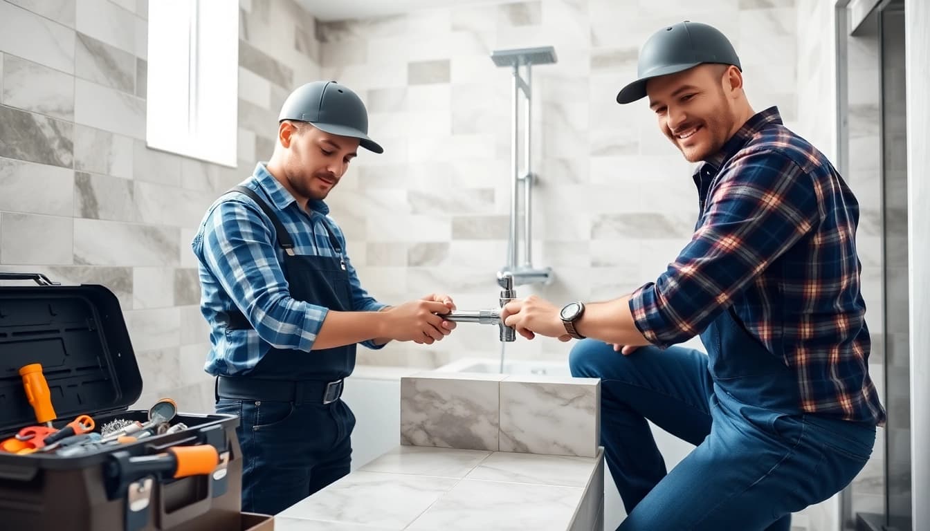 Dedicated plumbers and tilers collaborating on a bathroom renovation project, showcasing expertise.